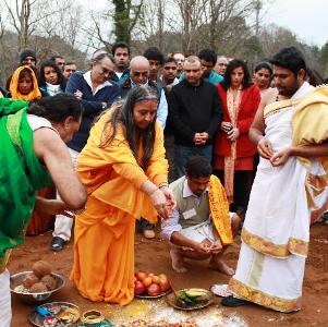 Laying the foundation stone for new Radha Krishna Mandir